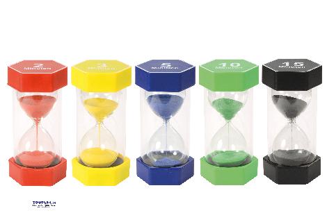 Riesen Sanduhren-Set 2, 3, 5, 10, 15 min - Zeit visualisieren ... Darf ich noch fünf Minuten fernsehen? Die Sanduhren zeigen, wie z. B. fünf Minuten Zeit verrinnen. Kinder entwickeln ein Gefühl für die Zeit und lernen, sie einzuteilen: 3 Minuten Zähne putzen, 10 Minuten Lesen üben, 15 Minuten Spielen. - Kisus e.K. - Kinder, Spiel und Spaß - Kindergartenausstattung KITA KIGA