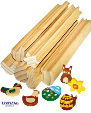 Profilholz Ostern Viel Bastelmaterial ... für Kiga-Gruppen. Figuren zum Dekorieren und Basteln in gewünschter Stärke absägen. Aufgeklebt verschönern sie Geschenkkarten, Blumentöpfe... Auch zum Basteln von Schlüsselanhängern. - Kisus e.K. - Kinder, Spiel und Spaß - osterhase, osterei