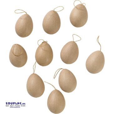 Karton-Eier mit Aufhänger 10er Set Harter Kern und natürliche Optik ... Sparen Sie sich das Eierauspusten. Die federleichten Kunststoffeier mit einer Ummantelung aus Naturkarton und goldener Kordel sind besonders robust - auch bei feuchter Bemalung.