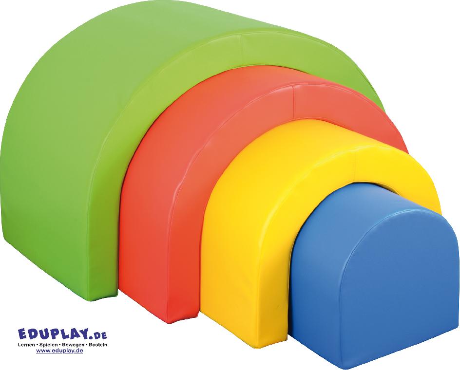 Regenbogen-Rundbögen Set Zum Bauen sowie für Bewegung, Sport und Spiel ... Spielhöhle, Kriechtunnel, Babywippe,... die farbenfrohen Regenbogen Bausteine werden bei vielen Aktivitäten und auch zur Therapie eingesetzt. - Kisus e.K. - Kinder, Spiel und Spaß - Fach-Großhandel für Kindergartenausstattung, Spielwaren und Bastelbedarf