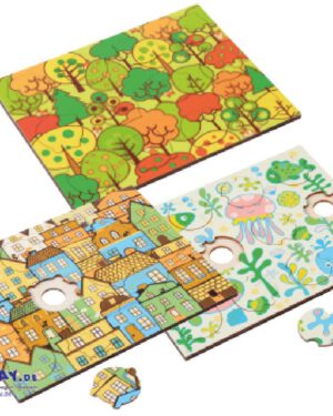 Phantasiepuzzle-Set Themen Kunterbunte Motive und Puzzleformen erkennen und zuordnen ... Bäume, Häuser, Fische und Mandala-Motive - die farbenfrohen Phantasiepuzzle animieren Kinder sofort zum Spielen. Jedes Holz-Puzzle hat 12 individuell geformte Teile, die sich nur an einer ganz bestimmten Stelle einfügen lassen. Die Kinder können sich beim Puzzlen an den Motiven und an den Formen der Puzzleteile bzw. der Aussparungen in den Puzzleplatten orientieren. Zwei der Mandala-Puzzle (mit einfarbigem Hintergrund) sind nur über die Teile-Form zusammenzufügen. Durch die Aussparungen an der Unterseite der Puzzleplatte lassen sich die Einzelteile ganz leicht entnehmen. Die Phantasiepuzzle fördern Konzentration, Wahrnehmung und Denkvermögen. Anhand der verschiedenen Schwierigkeitsgrade können Pädagogen den Entwicklungsstand der Kinder einschätzen.
