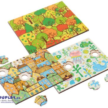 Phantasiepuzzle-Set Themen Kunterbunte Motive und Puzzleformen erkennen und zuordnen ... Bäume, Häuser, Fische und Mandala-Motive - die farbenfrohen Phantasiepuzzle animieren Kinder sofort zum Spielen. Jedes Holz-Puzzle hat 12 individuell geformte Teile, die sich nur an einer ganz bestimmten Stelle einfügen lassen. Die Kinder können sich beim Puzzlen an den Motiven und an den Formen der Puzzleteile bzw. der Aussparungen in den Puzzleplatten orientieren. Zwei der Mandala-Puzzle (mit einfarbigem Hintergrund) sind nur über die Teile-Form zusammenzufügen. Durch die Aussparungen an der Unterseite der Puzzleplatte lassen sich die Einzelteile ganz leicht entnehmen. Die Phantasiepuzzle fördern Konzentration, Wahrnehmung und Denkvermögen. Anhand der verschiedenen Schwierigkeitsgrade können Pädagogen den Entwicklungsstand der Kinder einschätzen.