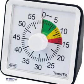 Mini-Timer mit Ampelscheibe Kompakte, lautlose Zeitdauer-Uhr mit Ampelscheibe Die rückwärts laufende Uhr zeigt analog auf die Minute, wie viel Zeit bis zur Erledigung der Aufgabe verbleibt. Grün-gelb-rote Bereiche auf der Ampelscheibe visualisieren die verbleibenden Zeitzonen innerhalb der letzten 15 Minuten von 7 + 5 + 3 Minuten. Nach Ablauf der Zeit ertönt ein Signalton, Dauer und Lautstärke sind einstellbar. Die Darstellung der verbleibenden Zeit auf einem bekannten Uhr-Zifferblatt hilft den Schülern, die Einteilung der Zeit selbstverantwortlich vorzunehmen. Durch den breiten Boden steht die handliche Uhr mit Schutzglas absolut sicher. Mit einem gut greifbaren Drehknopf kann die Zeit eingestellt werden.