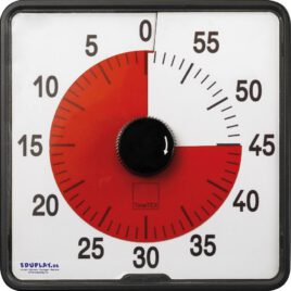 Countdown Timer Klassik Große, lautlose Countdown-Uhr mit gespiegeltem Ziffernblatt Die lautlos, rückwärts laufende Uhr mit gespiegeltem Ziffernblatt zeigt exakt, wie viele Minuten verbleiben. Die Zeit kann mit einem gut greifbaren Drehknopf eingestellt werden und läuft im Uhrzeigersinn ab. Der farbige Bereich vermittelt auf einen Blick die Zeit-Information, ohne dass die Schüler von ihrer Aufgabe abgelenkt werden. Das Tonsignal zum Ablauf der Zeit kann laut, leise oder lautlos und in 8 verschiedenen Längen eingestellt werden. Mit ausklappbaren Standfüßchen, Wand-Aufhängebohrung und rückseitigem Magnet zum Anbringen an der Tafel.
