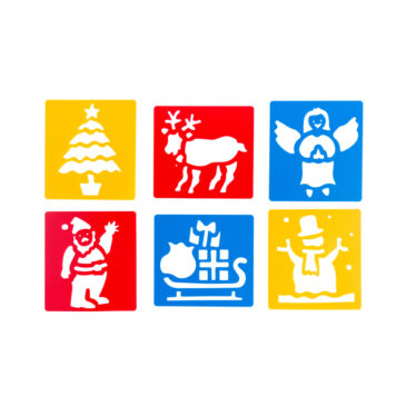 Stencil Weihnachten Set mit 6 weihnachtlichen Motiven ... abwaschbare Kunststoffschablonen (Weihnachtsbaum, Engel, Weihnachtsmann, Schneemann, Schlitten und Rentier).