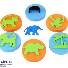 Handflächenstempel Dschungel 6er Set Set von 6 Handflächenstempel mit Dschungelmotiven ... Palme, Nilpferd, Löwe, Löwin, Elefant, Affe.