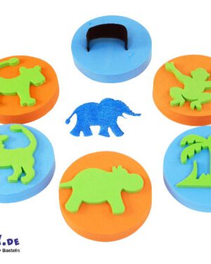 Handflächenstempel Dschungel 6er Set Set von 6 Handflächenstempel mit Dschungelmotiven ... Palme, Nilpferd, Löwe, Löwin, Elefant, Affe.