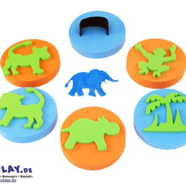 Handflächenstempel Dschungel 6er Set Set von 6 Handflächenstempel mit Dschungelmotiven ... Palme, Nilpferd, Löwe, Löwin, Elefant, Affe.