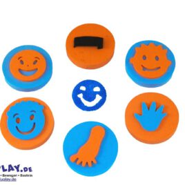 Handflächenstempel Fun 6er Set Set von 6 lustigen Themen-Handflächenstempel ... Hand, Fuß, 4 lustige Gesichter - lachend (ohne Haare), lächelnd (ohne Haare), lächelnd (gewelltes Haar), lächelnd (stacheliges Haar).