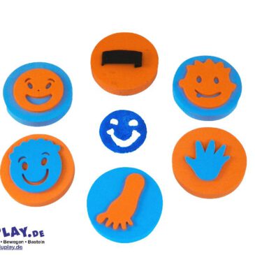 Handflächenstempel Fun 6er Set Set von 6 lustigen Themen-Handflächenstempel ... Hand, Fuß, 4 lustige Gesichter - lachend (ohne Haare), lächelnd (ohne Haare), lächelnd (gewelltes Haar), lächelnd (stacheliges Haar).