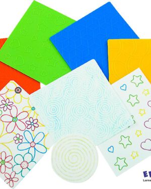 Muster-Prägeplatten Motive 4 doppelseitige Muster-Rubbel- und Prägeplatten ... Würfel, große Spirale, Blumen, Sterne und Herzen, linierte Quadrate, verschachtelte Dreiecke, kleine Kreise, Spuren.