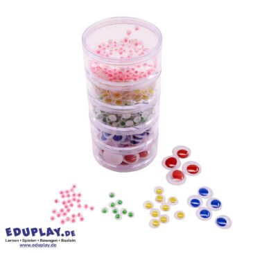 Bunte Augen in Stapeldosen 500er Set Stapeldosen mit 500 farbigen Augen ... in den Größen 5 mm, 7 mm, 10 mm, 15 mm und 20 mm Durchmesser. Augenfarben: rot, blau, gelb, grün und rosa. - wackelaugen