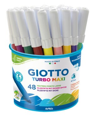 GIOTTO Turbo Maxi 48 Stifte in 12 Farben in der Dose (gelb, orange, rosa, rot, braun, lila, hellgrün, dunkelgrün, hellblau, dunkelblau, grau, schwarz) Die GIOTTO Turbo Maxi Fasermaler haben eine extragroße 5 mm Spitze für Turbo-Zeichnungen! Alle Maxi Filzstifte verfügen über eine stoßsichere Faserspitze, die besonders fest und langlebig ist. Die Farben auf Wasserbasis sind für Kinder vollkommen unbedenklich. Für den idealen Schutz verfügen die Stifte über eine belüftete Sicherheitskappe. Die Farben lassen sich einfach von den Händen und aus Kleidungsstücken waschen. Und damit nicht genug: Dank des integrierten Austrocknungsschutzes trocknen die bei Kindern besonders beliebten Turbo Maxi Stifte nicht aus, auch wenn der Stift mal offen liegen bleibt.