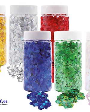 Glitter 6mm 200g Für glamouröse Bastelwerke Die Glitterpailletten in sechs schillernden Farben lassen sich prima mit flüssigem Kleber auf den Bastelwerken befestigen und sorgen für ein besonders effektvolles Design. - Kisus e.k. Kinder, Spiel und Spaß - Großhandel für Bastelbedarf, Handcrfat, DIY