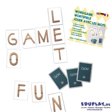 Wortspiele 1 Kartenspiel, 4 Spiele ... Die Spielkarten, die Spielen mit Lernen kombinieren und dabei das Verständnis für Buchstaben, Rechtschreibung und Wörter entwickeln. Unter anderem müssen Wörter durcheinander gebracht werden, die mit einem bestimmten Buchstaben beginnen oder enden, Kreuzwörter legen oder so viele Wörter wie möglich bilden. Inhalt: Spielkarten, Regeln. Kisus e.K. - Kinder, Spiel und Spaß - edukatives Spielzeug