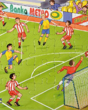 Puzzle Fussball Ganz viel zu entdecken ... gibt es auf diesen wunderschön illustrierten Puzzles: Flugobjekte, Bauernhoftiere, Waldbewohner, Wildtiere, Unterwasserwelt, Markttreiben, Schiffe, Brandlöscher, Baustelle, Dinosaurier, Baumaschinen und Fußball. Jedes Puzzle hat 35 Teile.