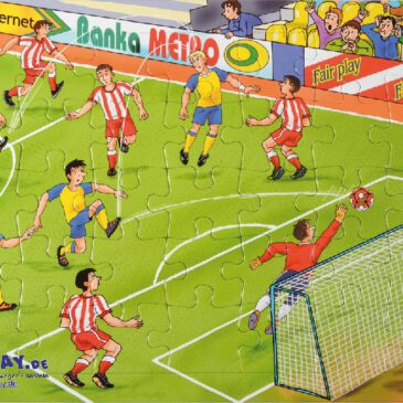 Puzzle Fussball Ganz viel zu entdecken ... gibt es auf diesen wunderschön illustrierten Puzzles: Flugobjekte, Bauernhoftiere, Waldbewohner, Wildtiere, Unterwasserwelt, Markttreiben, Schiffe, Brandlöscher, Baustelle, Dinosaurier, Baumaschinen und Fußball. Jedes Puzzle hat 35 Teile.
