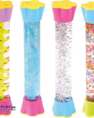 Wasserröhren 4er Set Beobachtung schulen Spiralförmig tanzen die roten Ölperlen hinab, funkelnd verteilt sich silbernes Glitter in der blauen bzw. transparenten Flüssigkeit oder farbenfrohe Perlen taumeln in der Röhre umher - die Beobachtung der mit Flüssigkeit gefüllten Röhren spricht die Sinne an und hat zugleich eine beruhigende Wirkung.