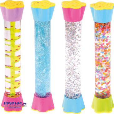 Wasserröhren 4er Set Beobachtung schulen Spiralförmig tanzen die roten Ölperlen hinab, funkelnd verteilt sich silbernes Glitter in der blauen bzw. transparenten Flüssigkeit oder farbenfrohe Perlen taumeln in der Röhre umher - die Beobachtung der mit Flüssigkeit gefüllten Röhren spricht die Sinne an und hat zugleich eine beruhigende Wirkung.