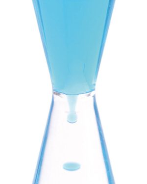 Blasenblubbler blau groß Tropfen für Tropfen ... sinkt die blaue Flüssigkeit durch die verjüngte Röhre zum Boden hinab. Gleichzeitig steigt etwas transparente Flüssigkeit nach oben. Eine beruhigende Beschäftigung, die die Beobachtung schult und zugleich veranschaulicht, dass sich wasser- und ölhaltige Flüssigkeiten nicht vermischen und physikalisch unterschiedliche Dichten haben.