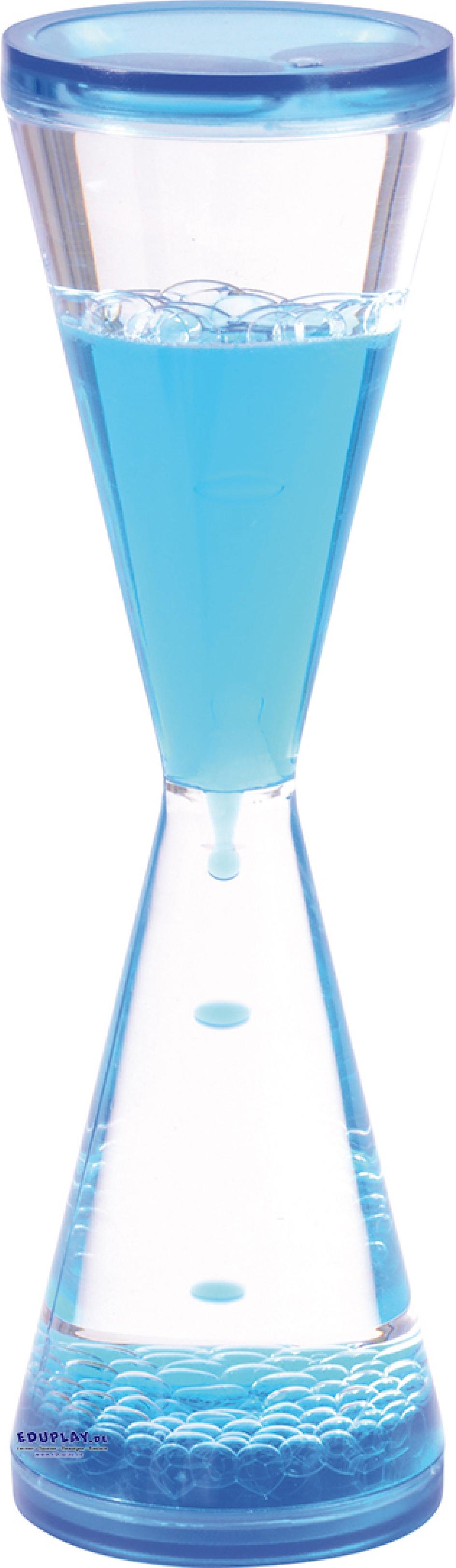 Blasenblubbler blau groß Tropfen für Tropfen ... sinkt die blaue Flüssigkeit durch die verjüngte Röhre zum Boden hinab. Gleichzeitig steigt etwas transparente Flüssigkeit nach oben. Eine beruhigende Beschäftigung, die die Beobachtung schult und zugleich veranschaulicht, dass sich wasser- und ölhaltige Flüssigkeiten nicht vermischen und physikalisch unterschiedliche Dichten haben.