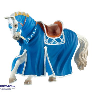 Turnierpferd blau Spielfigur Das Mittelalter übt seit jeher eine große Faszination aus ... Besonders für Jungen bietet die Epoche viele Möglichkeiten für fantasievolle Rollenspiele. So können Ritterturniere oder auch große Schlachten nachgespielt werden. Die detailgetreue Spielfigur ist liebevoll von Hand bemalt und aus PVC-freiem Grundmaterial gefertigt. Das hier dargestellte Pferd ist bereit für seinen Kampf. Es trägt eine blaue Schabracke und eine Panzerung am Kopf um diesen vor dem Lanzenangriff zu schützen.