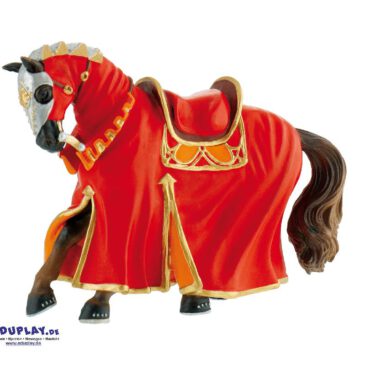 Turnierpferd rot Spielfigur Das Mittelalter übt seit jeher eine große Faszination aus ... Besonders für Jungen bietet die Epoche viele Möglichkeiten für fantasievolle Rollenspiele. So können Ritterturniere oder auch große Schlachten nachgespielt werden. Die detailgetreue Spielfigur ist liebevoll von Hand bemalt und aus PVC-freiem Grundmaterial gefertigt. Das hier dargestellte Pferd ist bereit für seinen Kampf. Es trägt eine rote Schabracke und eine Panzerung am Kopf um diesen vor dem Lanzenangriff zu schützen.