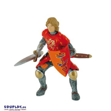 Prinz mit Schwert rot Spielfigur Das Mittelalter übt seit jeher eine große Faszination aus ... Besonders für Jungen bietet die Epoche viele Möglichkeiten für fantasievolle Rollenspiele. So können Ritterturniere oder auch große Schlachten nachgespielt werden. Die detailgetreue Spielfigur ist liebevoll von Hand bemalt und aus PVC-freiem Grundmaterial gefertigt. Der hier dargestellte Prinz ist bereit für seinen Kampf. Er trägt eine rote Rüstung ohne Helm und hat in der einen Hand sein Schild und in der anderen sein Schwert. Die Figur ist so modelliert, dass der Ritter sowohl auf dem Feld als auch hoch zu Ross um seine Ehre kämpfen kann.
