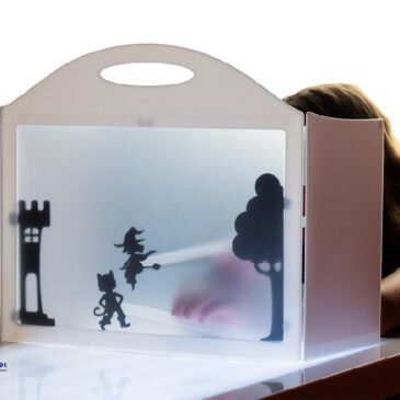 Schattentheater Wunderbares Schattentheater-Set mit tollen Figuren ... Das Theater ist sekundenschnell aufgeklappt, hat eine transluzente Vorderseite und blickdichte Seitenteile. Mit Turm, Ritter, Drache, Prinzessin, Baum, Frosch, Familie ... und vielen anderen Figuren können Kinder ihre Lieblingsgeschichten und Märchen nachspielen. Vor dem ersten Gebrauch werden die Figuren mittels Klettpunkten an den beiliegenden Stäben befestigt. Dank Griff ist das platzsparende Theater leicht transportabel. Set: Theater, 10 Holzstäbe, 24 transparente Kunststoffstäbe, 43 Figuren, 34 Klettpunkte.