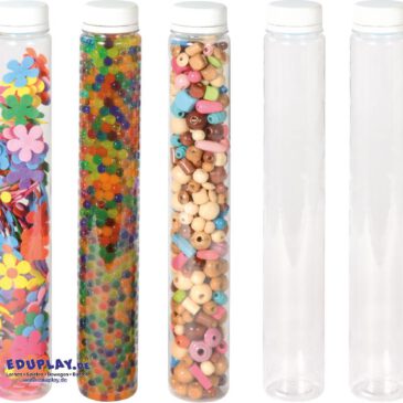 Sensorik Röhren DIY 10er Set Für individuelle Sinnes-Experimente ... Die Röhren mit Schraubverschluss können nach Belieben befüllt werden, um die Sinnesreize der Kinder anzusprechen: Salz, Zucker zum schmecken. Perlen, Nüsse, ... um Geräusche zu erzeugen. Farbige Flüssigkeiten, transparente Steine zum Beobachten. Kaffeebohnen, Duftendes zum Riechen. Warmes Wasser, Eis zum Fühlen. Röhren werden ohne Deko oder Inhalt geliefert.