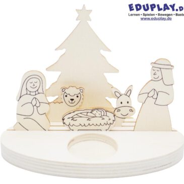 Kerzenhalter Krippe Mini-Bastel-Krippe mit Kerzenhalter ... Maria & Josef, Ochs & Esel vereinen sich bei Kerzenschein unterm Weihnachtsbaum um das Jesuskind in der Krippe. Die vorgedruckten Gesichtskonturen erleichtern das Anmalen. Die Figuren können individuell in die 4 Nuten der Bodenplatte gesteckt werden. Bodenplatte mit Metalleinsatz für Kerze. Empfehlung: Baumkerzen verwenden und nur unter Aufsicht Erwachsener brennen lassen.