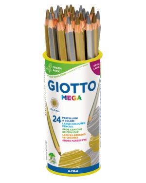 GIOTTO Mega hex Farbstift gold + silber, 24 Stk. in der Runddose Hexagonaler Farbstift, 18 cm Länge, Holzschaft in Schriftfarbe lackiert, mit Goldkanten. Mine Ø 5,5 mm. 14x gold 10x silber