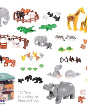 Klemmbaustein-Set Junior Zubehör Tiere und Zäune 100 Teile Tiere und Zubehör bringen Leben ins Spiel ... Wildtiere, Zootiere, Haustiere, Kühe auf der eingezäunten Weide, Pferde auf der Koppel, Federvieh, Raubkatzen ... insgesamt 100 Teile für abwechslungsreiche Rollenspiele. Manche Tiere sind sogar beweglich: der Hals der Giraffe, das Maul von Krokodil, Nilpferd und Wal. Inkl. Kunststoffbox