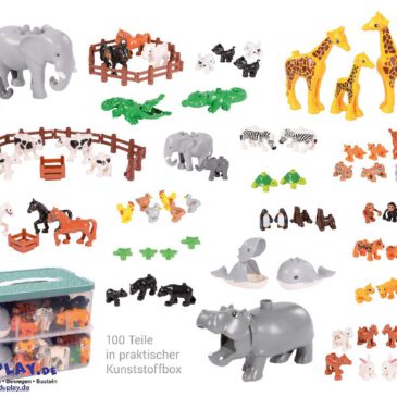 Klemmbaustein-Set Junior Zubehör Tiere und Zäune 100 Teile Tiere und Zubehör bringen Leben ins Spiel ... Wildtiere, Zootiere, Haustiere, Kühe auf der eingezäunten Weide, Pferde auf der Koppel, Federvieh, Raubkatzen ... insgesamt 100 Teile für abwechslungsreiche Rollenspiele. Manche Tiere sind sogar beweglich: der Hals der Giraffe, das Maul von Krokodil, Nilpferd und Wal. Inkl. Kunststoffbox