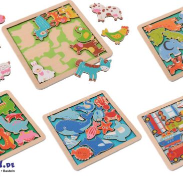 Holzpuzzles 5er Set Puzzlen, spielen und entdecken ... Passen wirklich alle Tiere ins Gehege, Fische ins Wasserbassin, Fahrzeuge auf den Parkplatz ...? Vorgedruckte Silhouetten helfen, für die Figuren den richtigen Platz zu finden, so dass alle Puzzleteile auf das Brett passen. Die Puzzles fördern das genaue Hinsehen und die Konzentration. Die einzelnen Figuren können auch zur Sprachförderung genutzt werden: Was siehst du? Welche Farbe hat es? Nicht magnetisch.