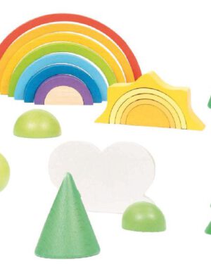 Regenbogenlandschaft Bausteine Eine eigene Regenbogenlandschaft bauen ... Die 24-teilige Regenbogenlandschaft lädt Kinder dazu ein, eine bunte Welt mit Sonne, Wolken, Bäumchen und einem Regenbogen zu gestalten. Das Set umfasst 8 Bäume, 2 Büsche, eine Wolke, eine 5-teilige Sonne und einen 8-teiligen Regenbogen. Die handlichen Holzbausteine lassen sich leicht greifen und immer wieder neu arrangieren - ideal als Ergänzung zur Holzeisenbahn oder für märchenhafte Spielwelten mit Zwergen und Elfen.