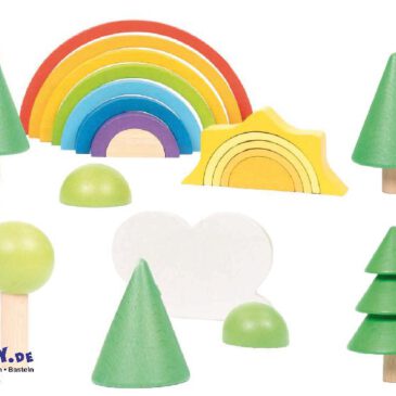 Regenbogenlandschaft Bausteine Eine eigene Regenbogenlandschaft bauen ... Die 24-teilige Regenbogenlandschaft lädt Kinder dazu ein, eine bunte Welt mit Sonne, Wolken, Bäumchen und einem Regenbogen zu gestalten. Das Set umfasst 8 Bäume, 2 Büsche, eine Wolke, eine 5-teilige Sonne und einen 8-teiligen Regenbogen. Die handlichen Holzbausteine lassen sich leicht greifen und immer wieder neu arrangieren - ideal als Ergänzung zur Holzeisenbahn oder für märchenhafte Spielwelten mit Zwergen und Elfen.