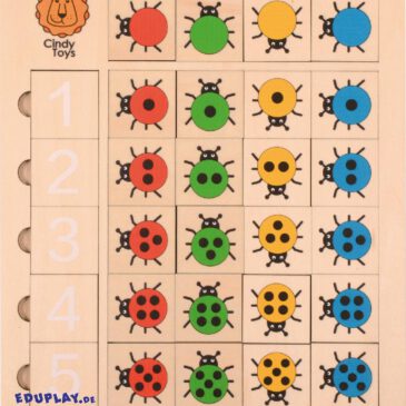Marienkäfer Zahlenpuzzle Farben erkennen, Zählen lernen, Richtung erkennen ... Das Marienkäfer Zahlenpuzzle hilft Kindern, Farben, Zahlen und das Zählen von Punkten zu lernen. In der linken Spalte sind die Zahlen 1 bis 5, und in der oberen Reihe können farbige Käfer platziert werden. Ziel ist es, die 20 Käfer in den richtigen Farben und mit der passenden Anzahl von Punkten korrekt anzuordnen, sodass ihre Köpfe in die richtige Richtung zeigen. Dieses Puzzle fördert die Unterscheidung von Farben, das Erkennen von Zahlen und die Zuordnung von Mengen. Es stärkt spielerisch mathematische Grundkompetenzen, Beobachtung und Feinmotorik.