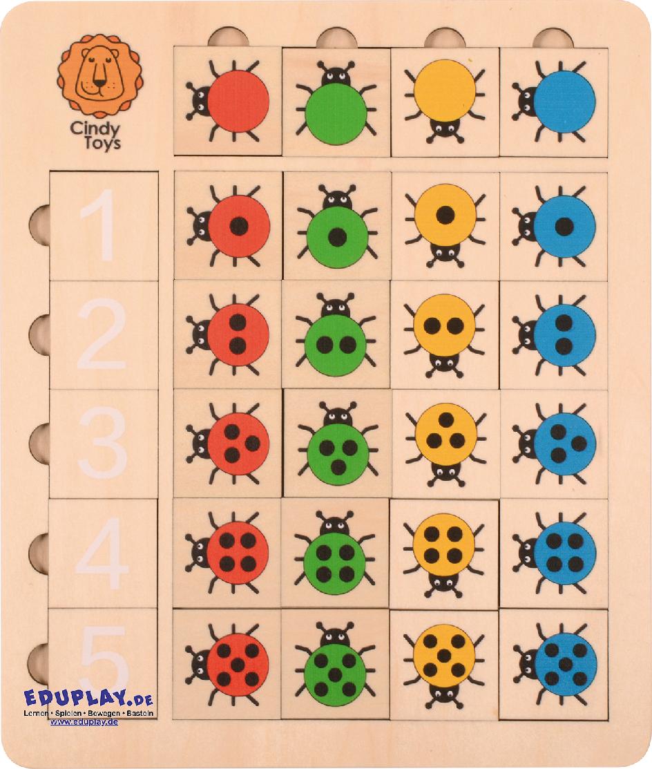 Marienkäfer Zahlenpuzzle Farben erkennen, Zählen lernen, Richtung erkennen ... Das Marienkäfer Zahlenpuzzle hilft Kindern, Farben, Zahlen und das Zählen von Punkten zu lernen. In der linken Spalte sind die Zahlen 1 bis 5, und in der oberen Reihe können farbige Käfer platziert werden. Ziel ist es, die 20 Käfer in den richtigen Farben und mit der passenden Anzahl von Punkten korrekt anzuordnen, sodass ihre Köpfe in die richtige Richtung zeigen. Dieses Puzzle fördert die Unterscheidung von Farben, das Erkennen von Zahlen und die Zuordnung von Mengen. Es stärkt spielerisch mathematische Grundkompetenzen, Beobachtung und Feinmotorik.