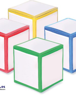 Taschenwürfel 15,5 cm 4er Set Vielseitig verwendbar ... ob für Bewegungsspiele oder zur Aufgabenverteilung - je nach dem welche Motive man in die Klarsicht-Taschen einschiebt, sind diese Schaumstoffwürfel vielseitig einsetzbar. Material: Kunstlederüberzug mit 6 Taschen (ohne Karten) Maße: 15,5 x 15,5 x 15,5 cm Ab 3 Jahre