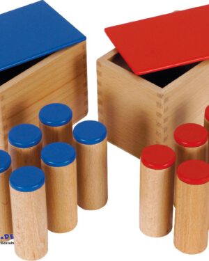 Montessori Geräuschdosen Geräusche differenzieren und benennen ... Die Geräuschdosen fördern die akustische Wahrnehmung spielerisch und unterstützen Kinder dabei, verschiedene Geräusche zu differenzieren und zu benennen. Durch das Zuordnen von Geräuschpaaren werden Aufmerksamkeit, Konzentration und das auditive Gedächtnis geschult, während die Sprachentwicklung angeregt und die Vorbereitung auf musikalische Erfahrungen unterstützt wird. Die beiden Kästen enthalten jeweils sechs robuste Holzdosen mit roten und blauen Deckeln, die paarweise identisch klingen und unterschiedlich laut oder leise Geräusche erzeugen. Vielfältige Übungen, wie das Sortieren nach Lautstärke oder das Zuordnen von Dosen aus verschiedenen Räumen, ermöglichen eine abwechslungsreiche und gezielte Förderung.