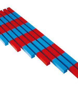 Montessori Numerische Stangen Zahlen und deren Reihenfolge verstehen ... Das Set besteht aus zehn Holzstangen, die in abwechselnden roten und blauen Segmenten unterteilt sind, von 10 cm bis 100 cm. Jede Stange stellt eine Zahl von eins bis zehn dar, wobei die Länge der Stangen mit der Zahl kumulativ wächst. Dieses Material fördert das Erkennen von Zahlenabfolgen und hilft den Kindern, Größenverhältnisse sowie einfache mathematische Konzepte wie Addition und Subtraktion zu begreifen.