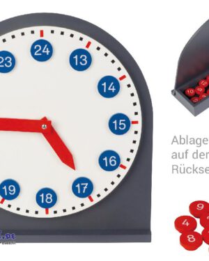 Montessori Uhr mit herausnehmbaren Ziffern 24-Stunden-Uhr mit beweglichen Zeigern ... Die Uhr mit herausnehmbaren Ziffern bringt Kindern das Konzept von Zeit und Uhrzeiten anschaulich näher. Mit frei beweglichen Zeigern können die Stunden und Minuten individuell eingestellt werden, wodurch das Verständnis für die Funktion der Uhrzeiger gefördert wird. Die Uhr enthält zwei Ziffernsätze: rote Zahlen von 1 bis 12 und blaue Zahlen von 13 bis 24, die abnehmbar sind und das Erlernen des 24-Stunden-Formats erleichtern. Der praktische Ständer mit integriertem Ablagefach auf der Rückseite bietet Platz zur sicheren Aufbewahrung der Ziffern.