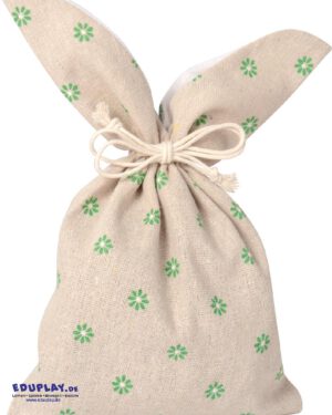 Ostertüte Hase Osterüberraschung im Hasenkostüm ... Im Hasenbeutel sind die Geschenke für die Suche schnell verpackt - und es kann unterwegs nichts rausfallen. Ein dezentes Blumenmuster ziert den naturfarbenen Stoff. Die Rückseite überrascht mit einem kuscheligen Stummelschwänzchen.