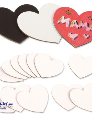Magnet Leinwandherzen klein 12er Set Namensschilder, Symbole, Gedächtnisspiel, Geschenke ... Mit unseren Leinwandherzen und -quadraten können Kinder ihre eigene Welt in Farben und Formen gestalten. Auf der grundierten Oberfläche mit Leinenstruktur haften flüssige Farben besonders gut. Die magnetische Rückseite haftet auf Whiteboards und Stahloberflächen. Ideal für jede Bastelrunde!