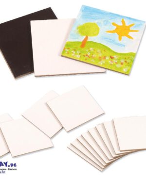 Magnet Leinwandquadrate klein 12er Set Namensschilder, Symbole, Gedächtnisspiel, Geschenke ... Mit unseren Leinwandherzen und -quadraten können Kinder ihre eigene Welt in Farben und Formen gestalten. Auf der grundierten Oberfläche mit Leinenstruktur haften flüssige Farben besonders gut. Die magnetische Rückseite haftet auf Whiteboards und Stahloberflächen. Ideal für jede Bastelrunde!