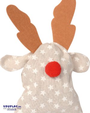 Weihnachtstüte Rentier Ohren verknoten und fertig ... Nikolaus-, Wichtel- und Weihnachtsgeschenke sind im Nu hübsch verpackt im naturfarbenem Beutelchen mit weißem Sternenmuster und braunem Geweih aus Filz. Der Hingucker ist die süße rote Nase. Die Ohren lassen sich einfach verknoten, um den Beutel zu verschließen. Lieferung ohne Inhalt.