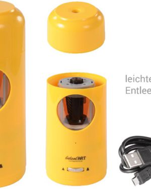Spitzmaschine Sekundenschnell und mühelos spitze Stifte ... Der elektrische Highspeed-Spitzer mit Spindelfräse ist ein wahres Multitalent. Er ist geeignet für alle Graphit- und Farbstifte sowie für Rötel und Pastellstifte mit Ø 7-11,5 mm. Die Öffnung oben nimmt alle Schaftformen auf: rund, sechskant oder dreieckig - auch holzfreie Vollminenstifte. Während des Betriebs leuchtet das Signallicht. Mit vollautomatischer Stiftzuführung. Bei perfekter Spitze stoppt das Gerät. Die Kegel werden automatisch geglättet. Die Spitzenschärfe ist über das Drehrad einstellbar. Gebrochene Mienen werden automatisch ausgeworfen. Der große und gut verschlossene Spänebehälter ist leicht zu entleeren und die enthaltene Fräseinheit ist austauschbar. Mit beiliegendem USB-C-Kabel zu USB-C-Kabel wird der Akku aufgeladen.