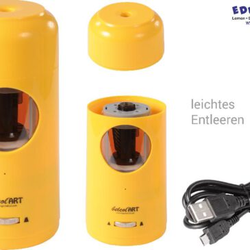 Spitzmaschine Sekundenschnell und mühelos spitze Stifte ... Der elektrische Highspeed-Spitzer mit Spindelfräse ist ein wahres Multitalent. Er ist geeignet für alle Graphit- und Farbstifte sowie für Rötel und Pastellstifte mit Ø 7-11,5 mm. Die Öffnung oben nimmt alle Schaftformen auf: rund, sechskant oder dreieckig - auch holzfreie Vollminenstifte. Während des Betriebs leuchtet das Signallicht. Mit vollautomatischer Stiftzuführung. Bei perfekter Spitze stoppt das Gerät. Die Kegel werden automatisch geglättet. Die Spitzenschärfe ist über das Drehrad einstellbar. Gebrochene Mienen werden automatisch ausgeworfen. Der große und gut verschlossene Spänebehälter ist leicht zu entleeren und die enthaltene Fräseinheit ist austauschbar. Mit beiliegendem USB-C-Kabel zu USB-C-Kabel wird der Akku aufgeladen.