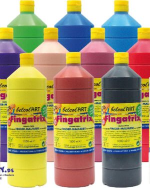 belcolART Fingatrix 1000ml grün ÖKO-Fingermalfarbe mit 98 % natürlichen Inhaltsstoffen ... Mit den Händen zu malen bedeutet, diese mit allen Sinnen zu erfassen. belcolART Fingatrix ist so cremig, dass man die Farbe richtig gerne auf der Haut spürt. Die Farben sind wunderbar kräftig, decken sehr gut, sind leicht zu mischen, mit Wasser verdünnbar, trocknen matt auf und lassen sich auch leicht wieder von der Haut abwaschen. Durch den enthaltenen Bitterstoff sind sie besonders sicher gegen Verschlucken. Flecken und Spritzer können aus der Kleidung mit kaltem Wasser und etwas Seife ausgewaschen werden. Bitte verwenden Sie keine Reinigungsmittel.